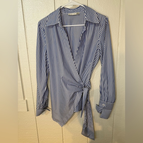 Neiman Marcus Blue Striped Long Sleeve cotton blend blouse shirt Dress - Picture 2 of 5